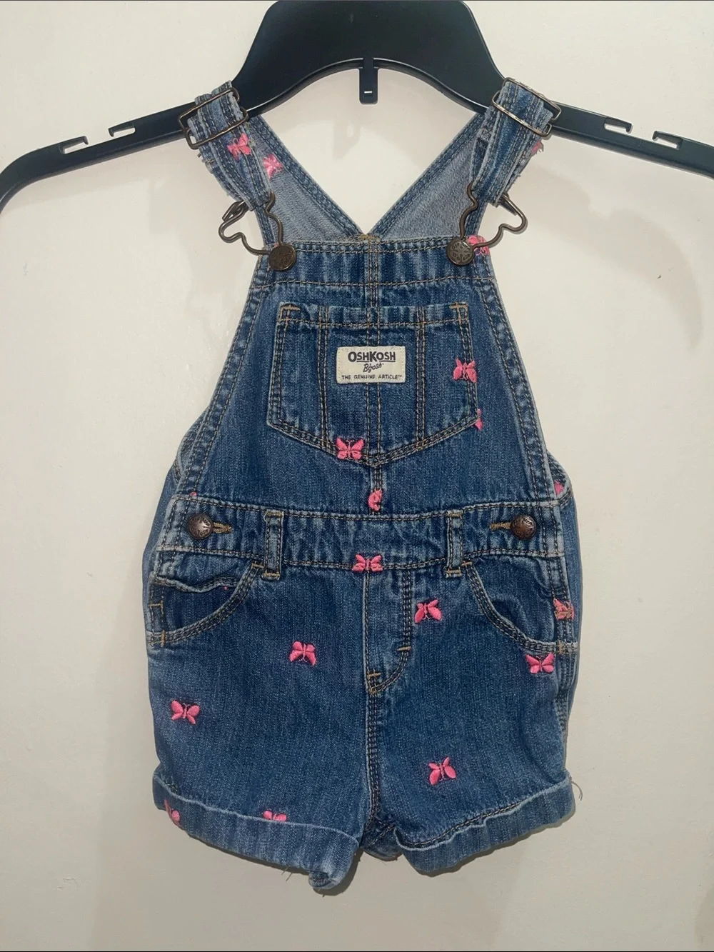 OshKosh B'gosh Denim Short Overalls in Blue with Pink Bows Sz 18M